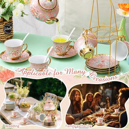 Zhehao 20 Pcs Porcelain Tea Set with Metal Holder and Spoon Adult Ceramic Tea Set European Flower Painting Teapot Cup Saucer Spoon for Women Mom Gift, Large Version (Pink Style) - color: Pink Style