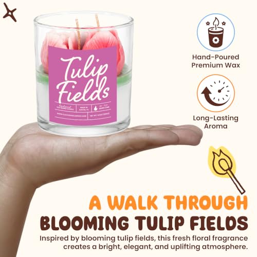 Tulip Fields Container Candle- Luxury Soy Wax Candle with 2 Cotton Wicks - 50 Hour Burn Time, Handmade in Austin Texas USA, Premium Fragrance Oil Candle for Home Decor & Gifts - 8 oz