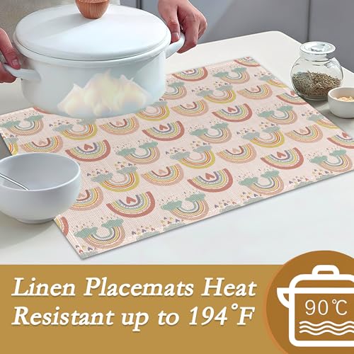 Rainbow Heart Placemats,Boho Whimsical Table Mats Set of 6,12x18 Inch,Waterproof Oil-Proof Washable and Reusable Linen placemats Holiday Party Kitchen Table Decorations - color: Rainbow Heart，boho Whimsical