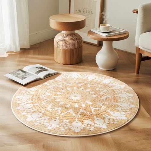 Carvapet Washable 3ft Faux Jute Round Rug Light Yellow Circle Carpet | Jute-like pattern design, low pile, non-slip rubber backing, soft natural look decorative mat for living room - color: Pearl, size: 3' (Round)