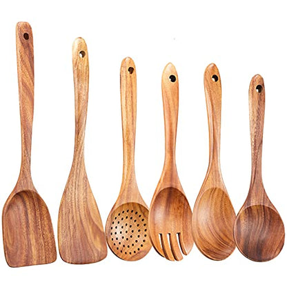 Wooden Kitchen Utensils Set,GUDAMAYE 6 PCE Wooden Spoons for Cooking,Wooden Cooking Utensils,Natural Teak Wooden Spoons For Non-stick Pan - size: 6 PCS