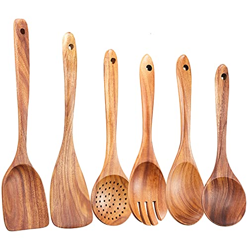 Wooden Kitchen Utensils Set,GUDAMAYE 6 PCE Wooden Spoons for Cooking,Wooden Cooking Utensils,Natural Teak Wooden Spoons For Non-stick Pan - size: 6 PCS