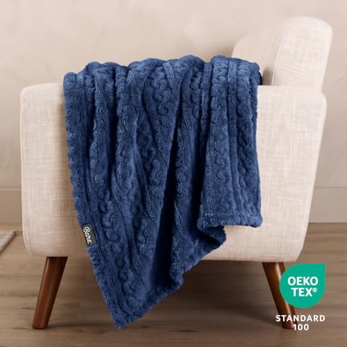 Bare Home Faux Shearling Blanket (Full/Queen, Cable Dark Blue) | Blanket for Bed, Sofa, Couch, Camping, Travel, and Gifts, Warm & Lightweight, Fluffy & Soft - color: 13 - Cable Dark Blue, size: Full/Queen