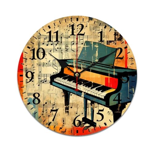 Old Vintage Abstract Piano and Music Note Wall Clock Music-Themed Kitchen Wall Clock Quartz Analog Quiet Home Office Arabic Numbers 12 Inch Round Rustic Farmhouse Wall Clock - color: Pattern-8, size: 12 Inch