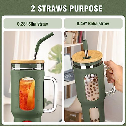 WINSA Glass Tumbler with Lid and Straw, 46 oz, Olive | Iced Coffee Cup with Handle, Large Water Bottle with Silicone Sleeve, Pearl Straw & Drinking Straw, BPA Free - color: Olive, size: 46 Ounces