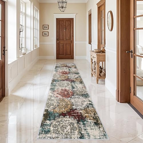 3x12 Runner Rug Long Hallway: Red Abstract Durability Non-Slip Mandala | Machine Washable Traffic Resistance No shed Low Pile Carpet Kitchen Bedroom Entryway Mudroom Vacuumable Stain-resistant - color: Red/Green/Multi, size: 3' x 12' (Rectangular)