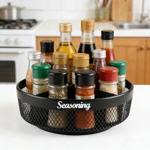 Rotating Spice Rack Organizer, 360° Black Basket for Kitchen | Metal mesh, kitchen countertop and cabinet storage, 360° rotating base, 4 divided sections, non-slip pads