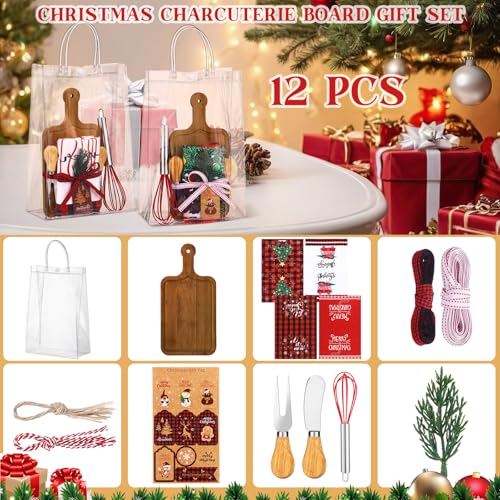 12 Set Christmas Charcuterie Board Gifts Bulk, Bamboo Mini Cheese Cutting Board Gifts with Spreader Knives Fork Towel Whisk for Xmas Gift Wedding Bridal Baby Shower(Long Handle,Dark) - color: Dark