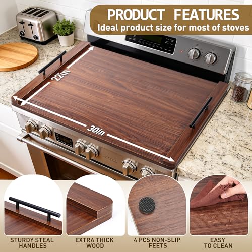Noodle Board Stove Cover and Over the Stove Spice Rack Combo Set | Expands Countertop Space, Stove Top Cover Used as Serving Tray, Sink Cover, Spice Shelf with 4 Hooks, Farmhouse Decor, Walnut - color: Set - Walnut