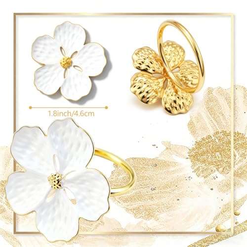 6 Pcs Napkin Rings, Flower Napkin Rings Holder Floral Table Setting Decoration for Table Settings, Glossy Serviette Buckles Decor (White)