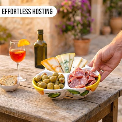 3-Compartment Ceramic Serving Dish, Handmade in Spain | 7.5” divided chip and dip bowl with lead-free glaze, microwave, oven and dishwasher safe, ideal for tapas, snacks and sauces - color: Sunny Lemon