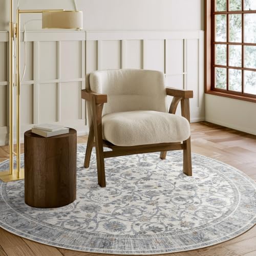 Machine Washable Rugs for Living Room: 4x4 Area Rugs for Bedroom | Ultra Soft,Non-Slip,Low Pile,Vintage Distress,Boho,Large,Carpet,High-Traffic,Dining Room,Nursery,Farmhouse Decor - color: Beige/Grey/Multi, size: 4' (Round)