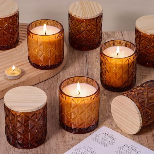 Lanttu 10 Pack Amber Candle Jars, 7oz Empty Candle Containers for DIY | Wooden Lids and Labels, Candle Vessels, Candle Making Supplies for Wedding Decorations Gifts - color: Amber