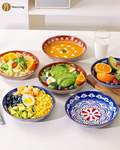 Yeacccng Bohemian Pasta Bowls Set of 6, 8.5 Inch 35 Oz Ceramic Serving Bowls, Blue Color Block Design, Lead-Free Cadmium-Free, Dishwasher Microwave Oven Safe, Scratch-Resistant Salad Soup Bowls - size: 8.5 inch pasta bowl (Blue*6)