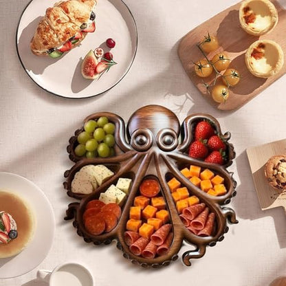 Octopus Charcuterie Board,15.5" x 13.8" Wooden Serving Tray Platter with Tentacle Design for Cheese Fruit Bread,Food Dish Serving Dishes,House Warming Gifts New Home,7 Compartments