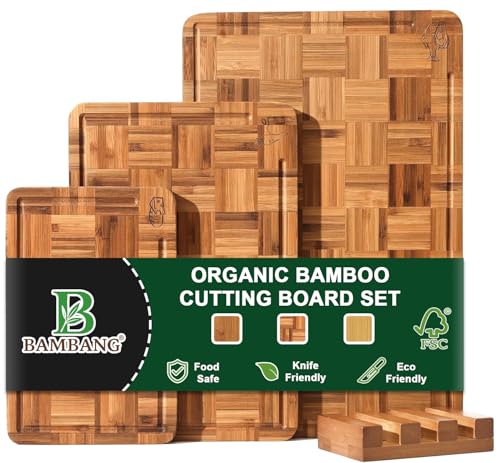 BAMBANG Bamboo Cutting Board for Kitchen with Juice Groove, End-Grain Butcher Block Chopping Boards, Checkered Wooden Cutting Boards Set of 3 with Stand, Knife-Friendly, Serving Tray - color: End Grain