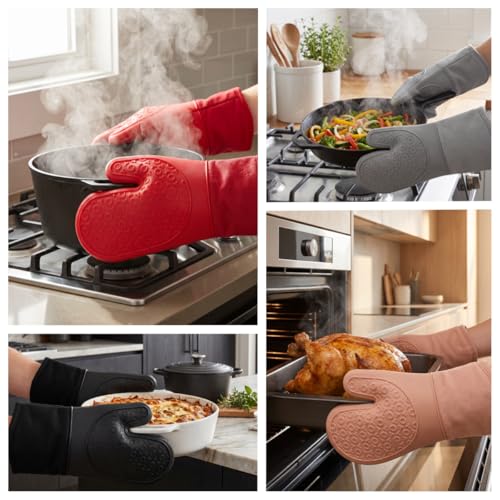 Silicone Oven Mitts Ultra Heat Resistant up to 500°F - Oven Mitts with Thick Cotton Liner - Long Slip Resistant Pot Holders, Flexible Oven Gloves -2Pack 13.5" (RED) - color: Red