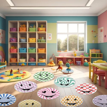 12 Pcs Carpet Circle Seats, 15 Inch Round Classroom Rug, Non Slip Corner Floor Cushion Mat, Circle Time Rug for Living Room, Learning, Playing Areas, Story Time, Group Activity(Happy Face) - style: Happy Face
