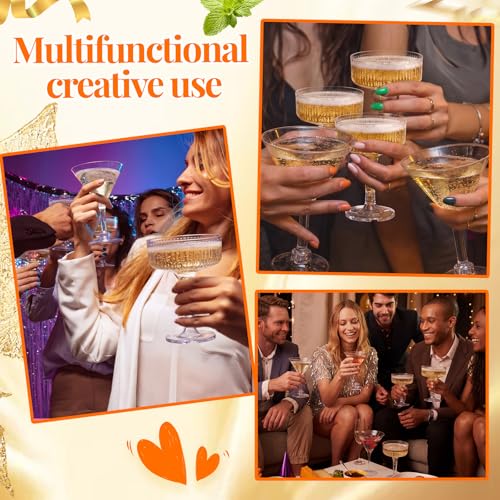 Lounsweer Set of 24 Plastic Champagne Coupe, Including 12 Pcs 10 oz Champagne Tower Glasses and 12 Pcs 5 oz Martini Glasses Plastic, Stackable Ribbed Coupe Cocktail Cups for Wedding Birthday Party