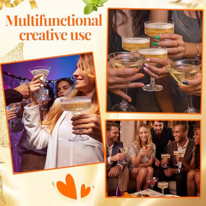 Lounsweer Set of 24 Plastic Champagne Coupe, Including 12 Pcs 10 oz Champagne Tower Glasses and 12 Pcs 5 oz Martini Glasses Plastic, Stackable Ribbed Coupe Cocktail Cups for Wedding Birthday Party