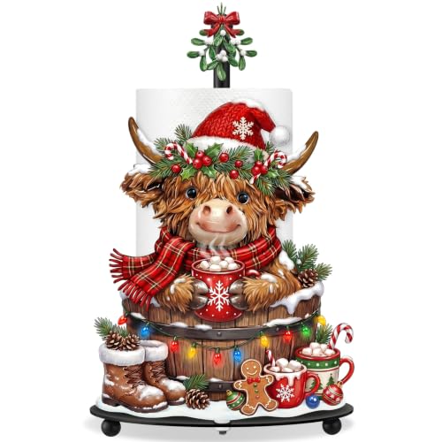 Highland Cow Christmas Paper Towel Holder with Round Base Christmas Bathroom Decor Rustic Highland Cow Dispenser Kitchen Paper Holder Stand for Countertop Toilet Home Accessories - style: Cocoa Christmas