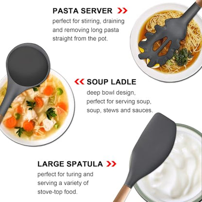 Kitchen Cooking Utensils Set, 6Pcs Silicone Kitchen Utensils Set Spatula Spoon Soup Ladle Turner, Heat Resistant Wooden Handle Silicone Cooking Gadgets for Nonstick Cookware & Baking BPA FREE - color: Gray, size: Standard 6-Piece Set