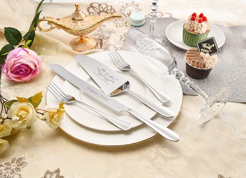 Wedding Cake Knife and Server Set with Forks, Crystal Champagne Flutes | Classical Style Toasting Glasses for Bride and Groom, Wedding Gifts for Couples, Engagement and Bridal Shower Gifts - color: Silver