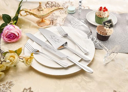 Wedding Cake Knife and Server Set with Forks, Crystal Champagne Flutes | Classical Style Toasting Glasses for Bride and Groom, Wedding Gifts for Couples, Engagement and Bridal Shower Gifts - color: Silver