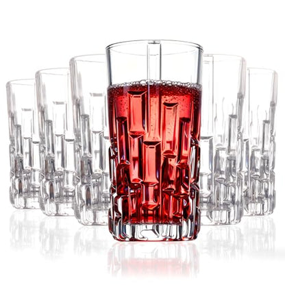 Tall Highball Glasses Set Of 6 - Elegant Tom Collins Glasses - Textured Designer Glassware Set For Whiskey,Drinks, Water, Beer, Soda 10 Oz