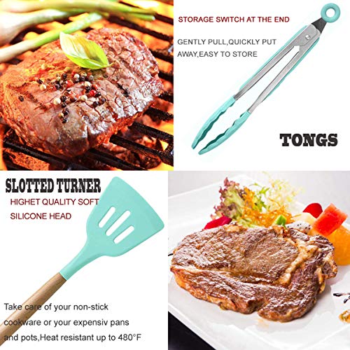 Kitchen Cooking Utensils Set, 27 pcs Non-stick Silicone Cooking Kitchen Utensils Spatula Set with Holder, Wooden Handle Heat Resistant Silicone Kitchen Gadgets Utensil Set