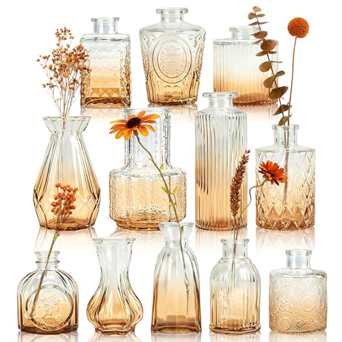 Der Rose 12pcs Glass Bud Vases, Amber Vases for Wedding Centerpieces Decor | Light-catching textured glass, secure protective packaging, cozy autumn accent, dining table fall centerpiece decor - color: Amber