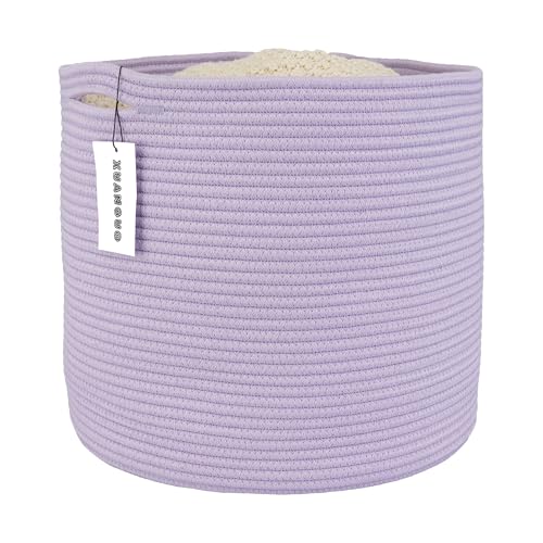 XUANGUO Cotton Rope Basket For Girls Boys Kids 16”X14” purple | Baby Laundry Baskets, Blanket Basket, Nursery Bin; Round Woven Basket Organizer for Toy Storage, Blankets, Shoes and Clothes - color: purple