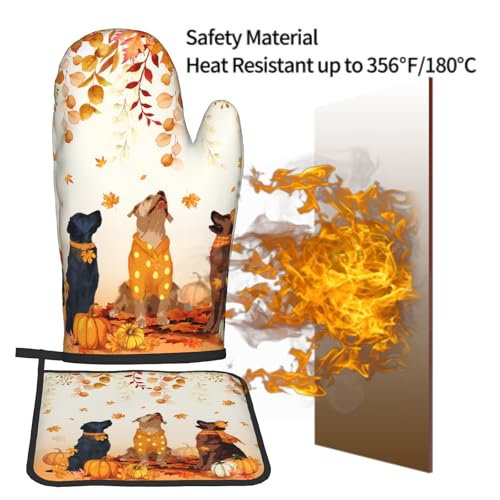 Giwawa Fall Dogs Oven Mitt Potholders Sets Autumn Leaves Heat Resistant Oven Glove Set of 2 Holiday Kitchen Hot Pads for Cooking Baking Grilling - color: Fall Dogs