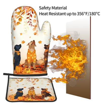 Giwawa Fall Dogs Oven Mitt Potholders Sets Autumn Leaves Heat Resistant Oven Glove Set of 2 Holiday Kitchen Hot Pads for Cooking Baking Grilling - color: Fall Dogs