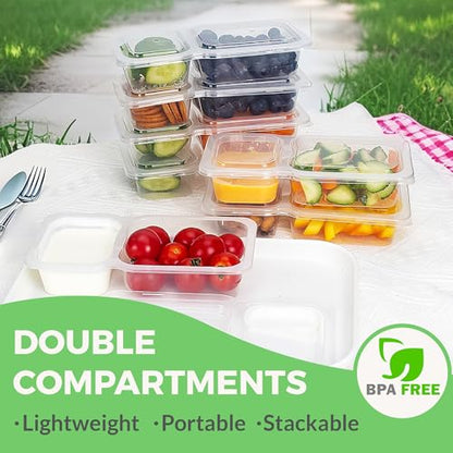 Reusable Snack Containers with Lids, 9 oz Double Compartment Plastic Snack Pack Containers Portion Control Meal Prep Snack Boxes BPA Free 20 Sets for Work Travel School