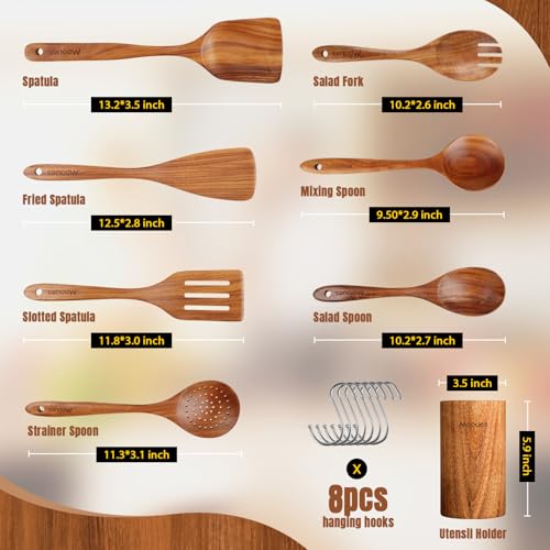 Mooues Wooden Spoons for Cooking Wooden Utensils for Cooking | Natural Teak Wooden Kitchen Utensils Set Comfort Grip (8 PCS SET) - size: 8 PCS SET
