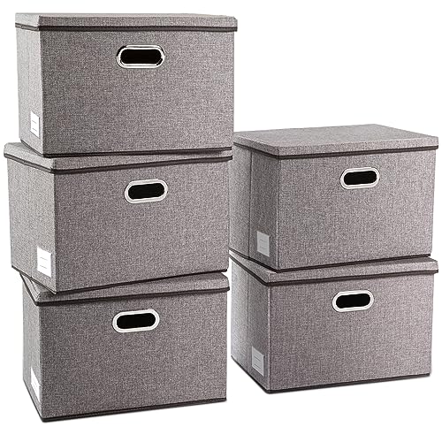 Large Collapsible Storage Containers with Lids [5-Pack] Linen Fabric Foldable Storage Bins Boxes Organizer Baskets Cube with Cover for Home Bedroom Closet Office Nursery (17.7x11.8x11.8) - color: Gray, size: L(5-Pack)