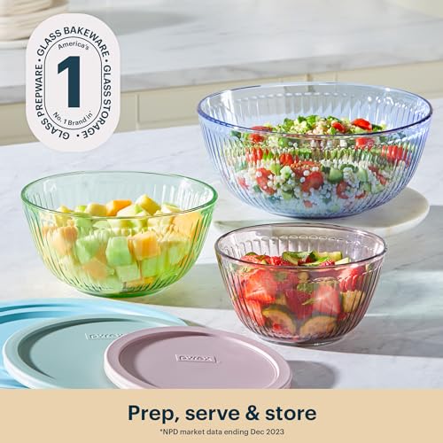 Pyrex Colors (3-Pack) Sculpted Tinted Glass Mixing Bowls with Plastic Lids - color: Pink, Green, Blue, size: 3 Pack, Small/Medium/Large, With Lids