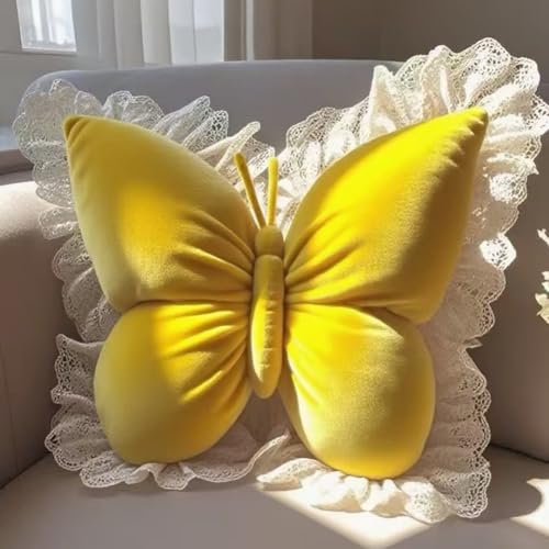 Butterfly Throw Pillow,21.6 inch Velvet Butterfly Decorative Pillow | Lace Trim,Animal Pillow for Couch Living Room Bed,Home Garden Decor - color: Yellow