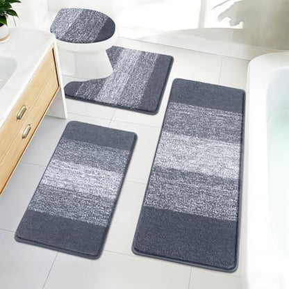 Bsmathom Bathroom Rug Set 4 Piece, Plush Microfiber Bath Mat, Dark Gray | Extra Water Absorbent, Non Slip Washable Runner Bath Rugs with Toilet Lid Cover and U-shaped Contour Toilet Mat - color: Dark Grey, size: 18"x26"+18"x48"+U20"x24"+Cover19"x21"