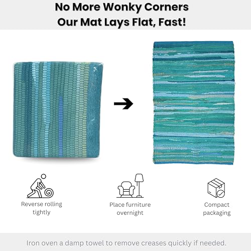 Ramanta Home Hand Woven Cotton Chindi Rag Rug 2'x3' - Teal | Recycled Reversible Rug, Boho Farmhouse - Living Room, Kitchen, Entryway- 24"x36" - color: Teal, size: 2 x 3 feet