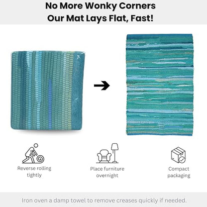 Ramanta Home Hand Woven Cotton Chindi Rag Rug 2'x3' - Teal | Recycled Reversible Rug, Boho Farmhouse - Living Room, Kitchen, Entryway- 24"x36" - color: Teal, size: 2 x 3 feet