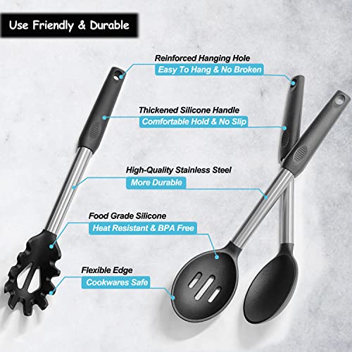 Silicone Spatula and Cooking Spoon,5 Pack Non-Stick Cooking Utensils for Kitchen，Heat Resistant Solid & Slotted Spoons and Spatulas, Stainless Steel Handle Coated with Silicone,Black - color: Black
