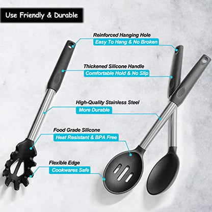 Silicone Spatula and Cooking Spoon,5 Pack Non-Stick Cooking Utensils for Kitchen，Heat Resistant Solid & Slotted Spoons and Spatulas, Stainless Steel Handle Coated with Silicone,Black - color: Black