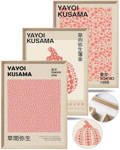 UPWOIGH Yayoi Kusama Inspired Framed Prints, 12 x 16 Inch, Set of 3 | Pumpkin, Infinity Net and Dot Pattern Prints, Soft Pink Tones, Light Wood Frames for Bedroom, Office and Gallery Wall - color: Yayoi Kusama Red MDF