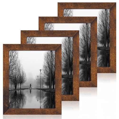 iRahmen 8x10 Picture Frame Set of 4, High Definition Glass 8 x 10 Frame, Wood Rustic Photo Frames for Horizontal or Vertical Display Tabletop and Wall Mounting - color: Dark Brown, size: 8X10