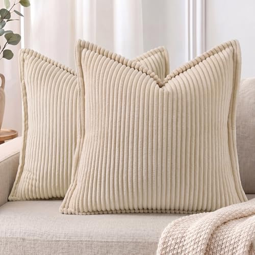 Mecatny Corduroy Fall Decorative Throw Pillow Covers 18x18 Set of 2 Beige | Soft Striped Texture, Broadside Design, Neutral Boho Square Pillow Cases for Sofa Couch Living Room Bedroom, Home Décor - color: Beige, size: 18" x 18" (Pack of 2)
