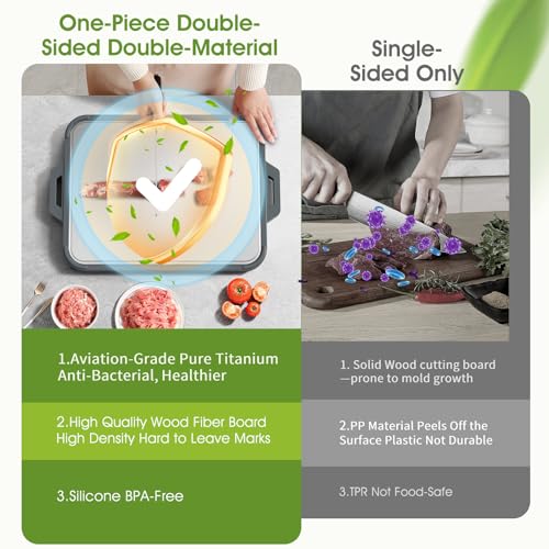 Titanium Cutting Board for Kitchen, Double Sided Pure Titanium & Wood Fiber | Non‑Slip Platinum Silicone Edge, Juice Groove, for Chopping Meat/Vegetables/Fruit Dishwasher Safe, 16"×11"