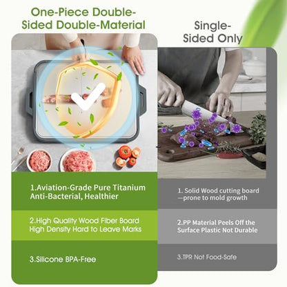 Titanium Cutting Board for Kitchen, Double Sided Pure Titanium & Wood Fiber | Non‑Slip Platinum Silicone Edge, Juice Groove, for Chopping Meat/Vegetables/Fruit Dishwasher Safe, 16"×11"