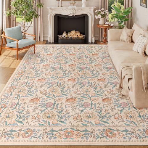 DUKINO 9x12 Area Rug for Living Room, Vintage Floral Washable Rug, Beige | Non Slip, Low Pile, Non-Shedding, Stain Resistant, Aesthetic Soft Indoor Large Carpet for Bedroom Dining Room Farmhouse - color: Beige Peach, size: 9' x 12' (Rectangular)